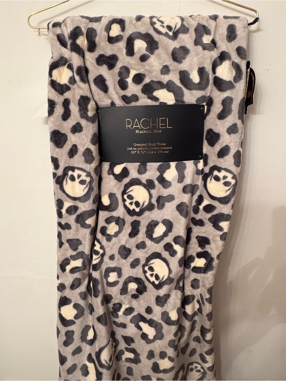 Rachel Roy Oversized Plush Throw Blanket Skull Leopard Print Gray